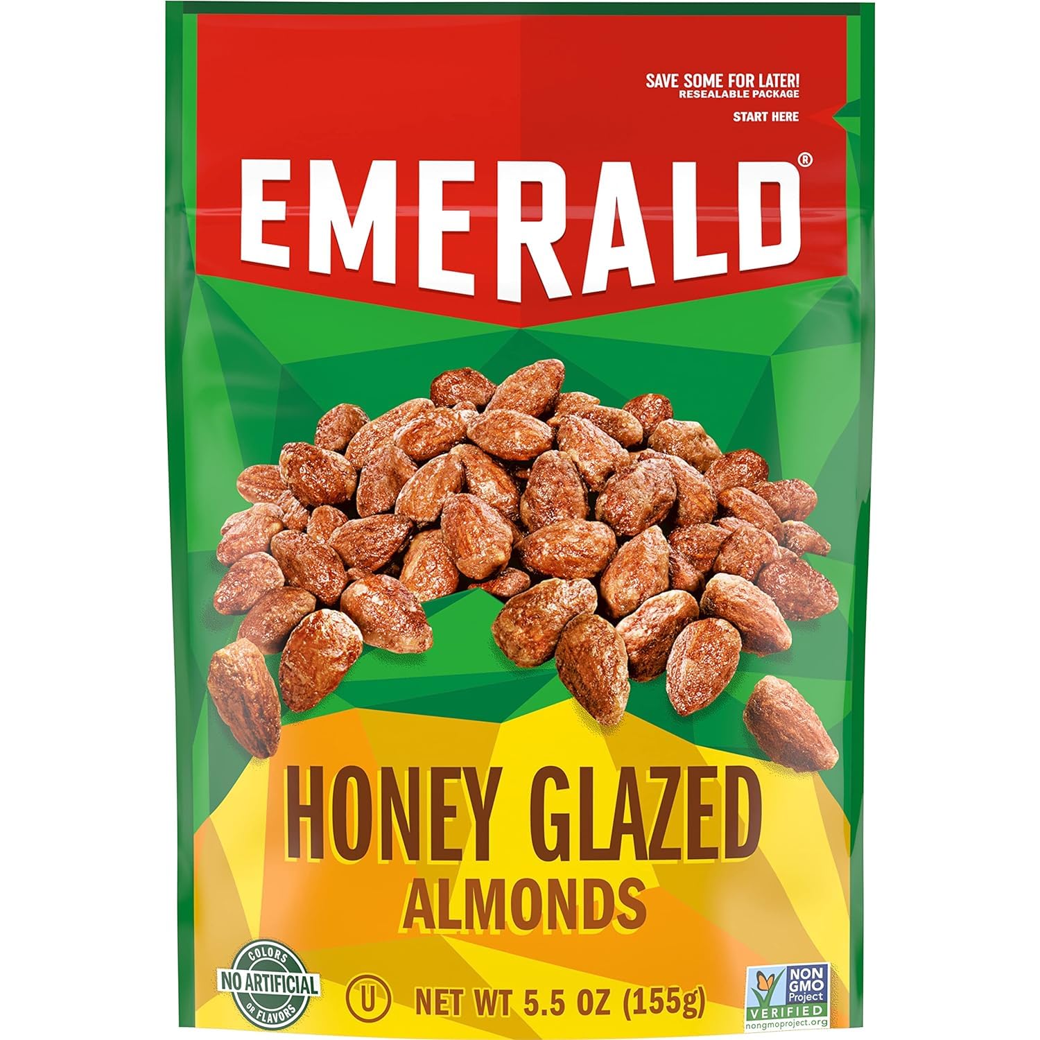 Emerald Nuts, Honey Glazed Almonds, 5.5 Oz, Resealable Bag (Pack of 2)