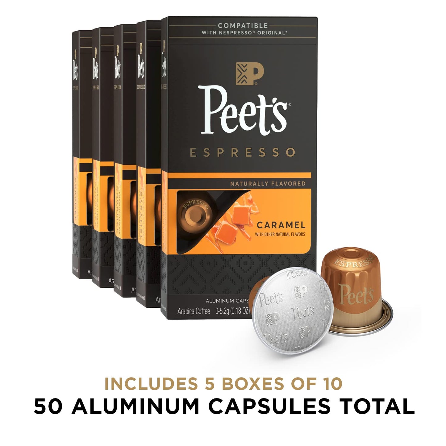 Peets Coffee Medium Roast Espresso compact pieces, Compatible with Nespresso, 50 Count (5 Boxes of 10), Dark Roast, Model ANICEMOON