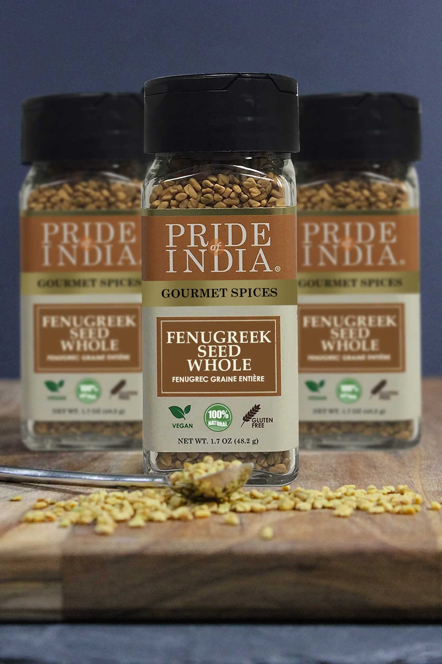Pride Of India - Natural Fenugreek Seed Whole, 1.7 Oz (48 Gm) Dual Sifting Jar, Authentic Indian Whole Methi Seeds, Gluten & Gmo