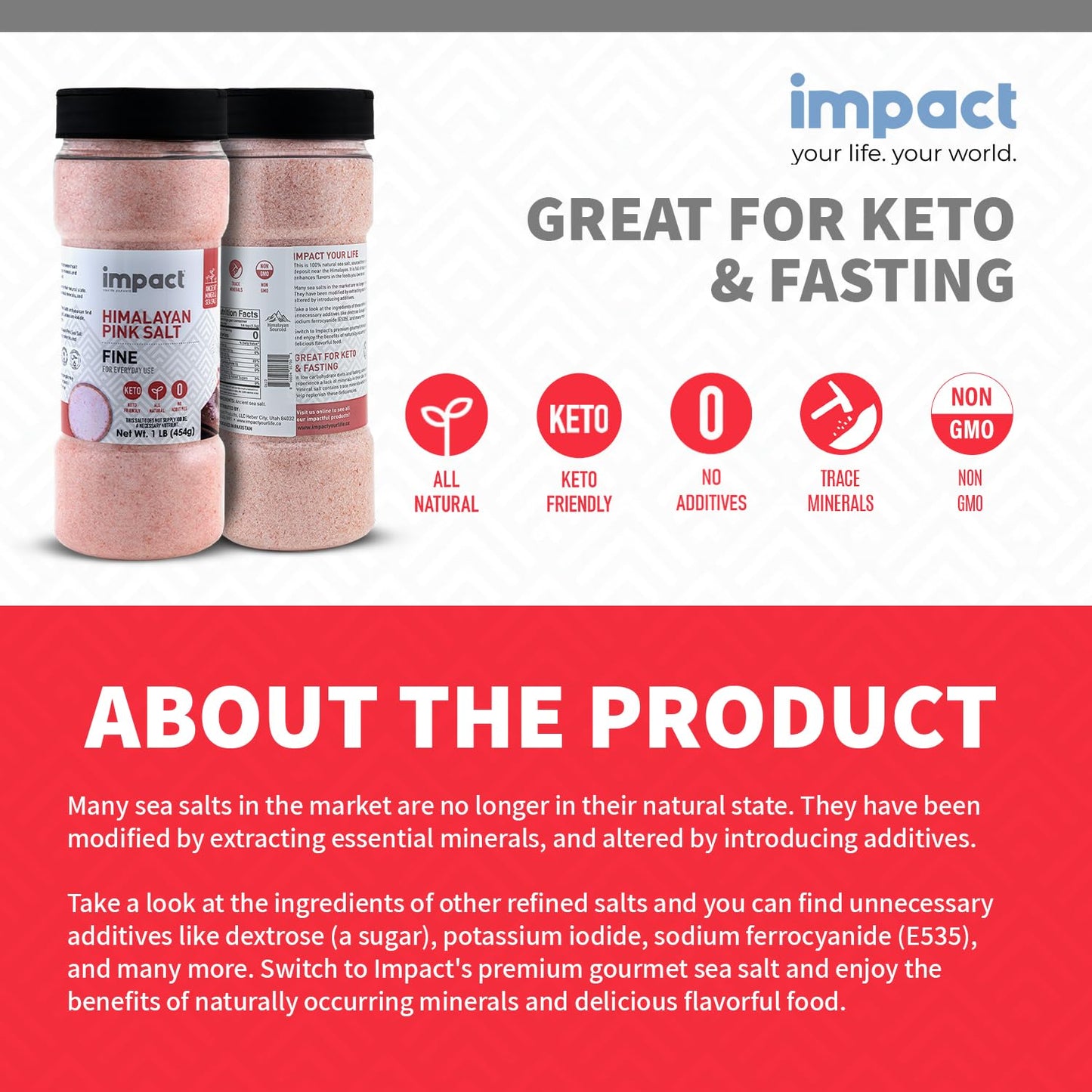 Impact Himalayan Pink Sea Salt Fine, Non-GMO, Gluten-Free, 16 Ounce Shaker