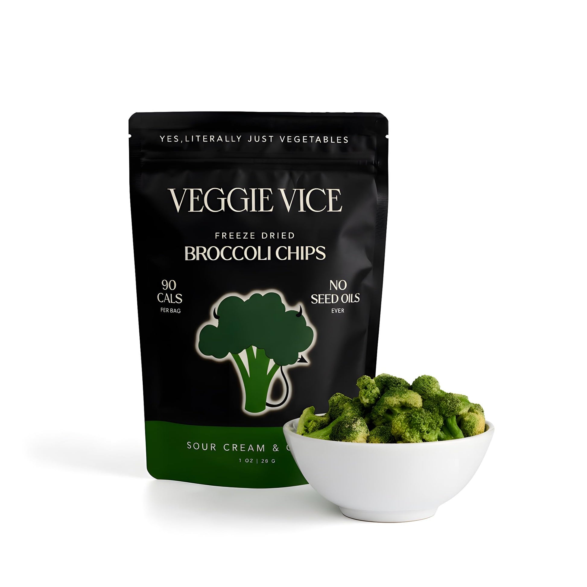 Veggie Vice Sour Cream and Onion Freeze Dried Broccoli Chips, No Oils or Starches, Use for Snacking, Salads, and Much More(1 Pou