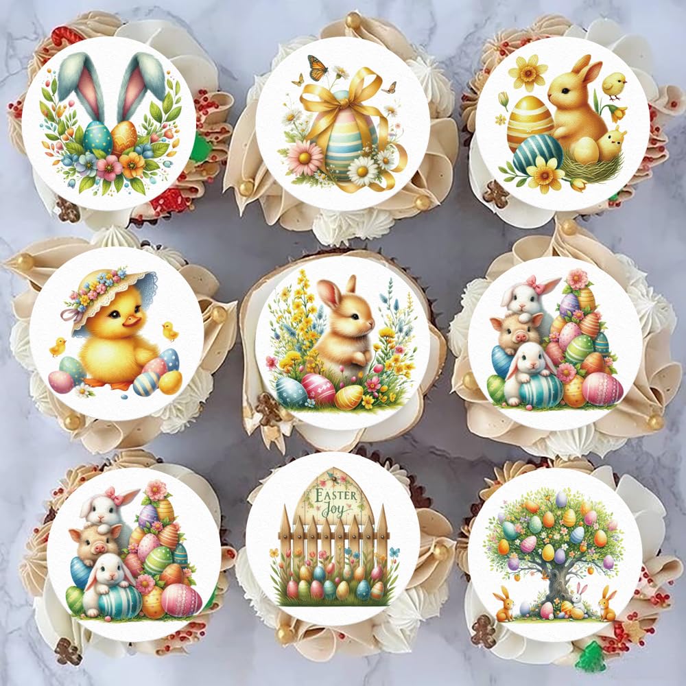 Fyeoxle 48Pcs Edible Happy Easter Cupcake Toppers Edible Spring Bunny Cupcake Picks Wafer Paper Bunny Cake Toppers For Easter Theme Birthday Baby Shower Party Cake Supplies