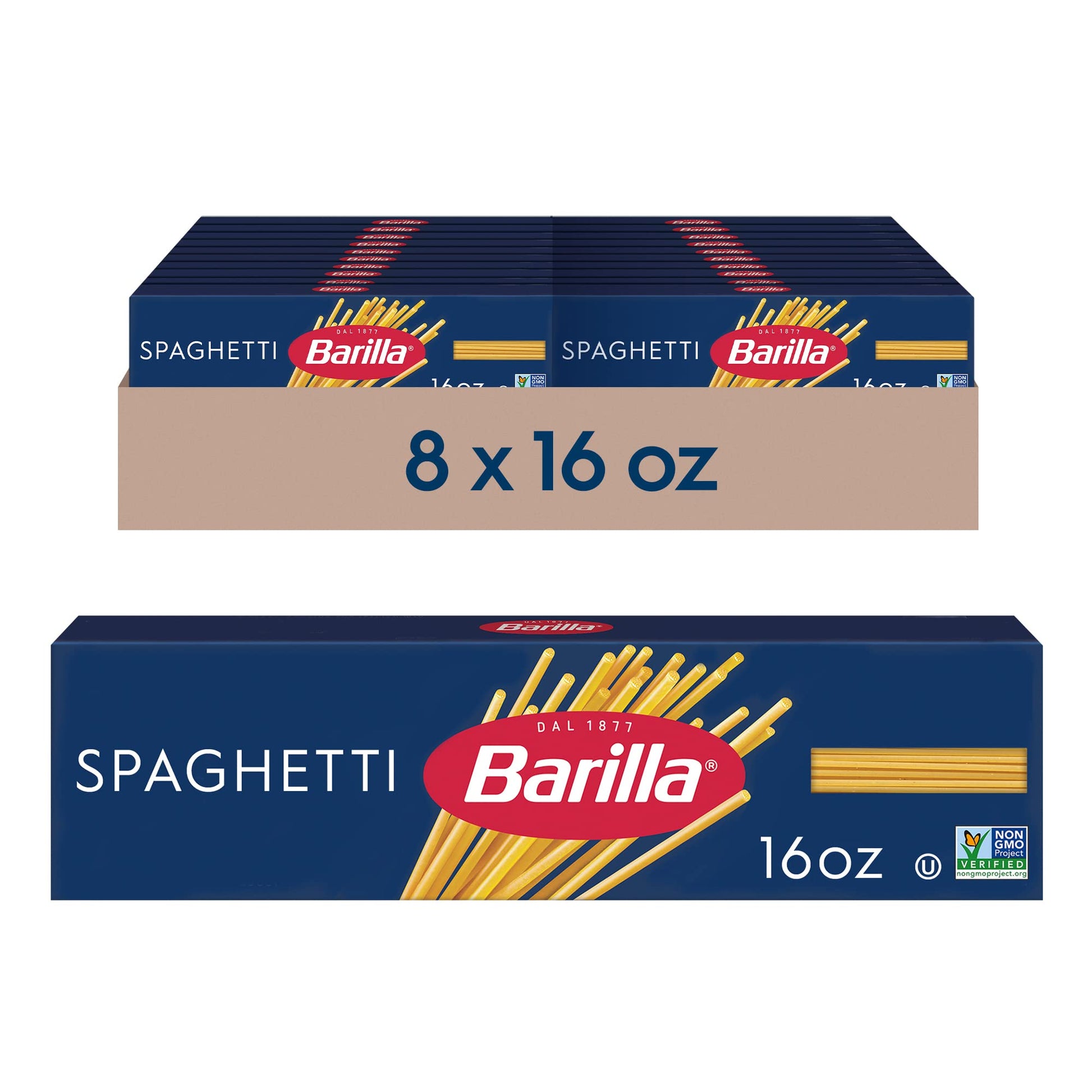 Barilla Spaghetti Pasta  16 oz. Box (Pack of 8) - Non-GMO  Made with Durum Wheat Semolina - Kosher Certified