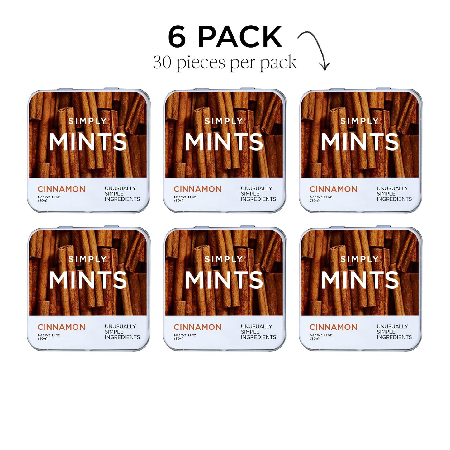 SIMPLY MINTS Natural Cinnamon Breath Mints, 6 Pack (180 Pieces), Made with Real Cinnamon Oil | Aspartame-Free, Sorbitol-Free, Xy