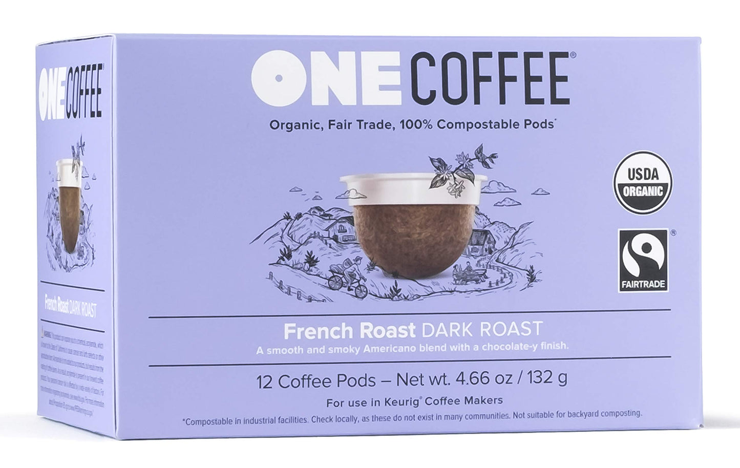 Onecoffee Organic French Roast 12 Count Single Serve Coffee 100% Compostable K Cup For Keurig Machines - Dark Roast