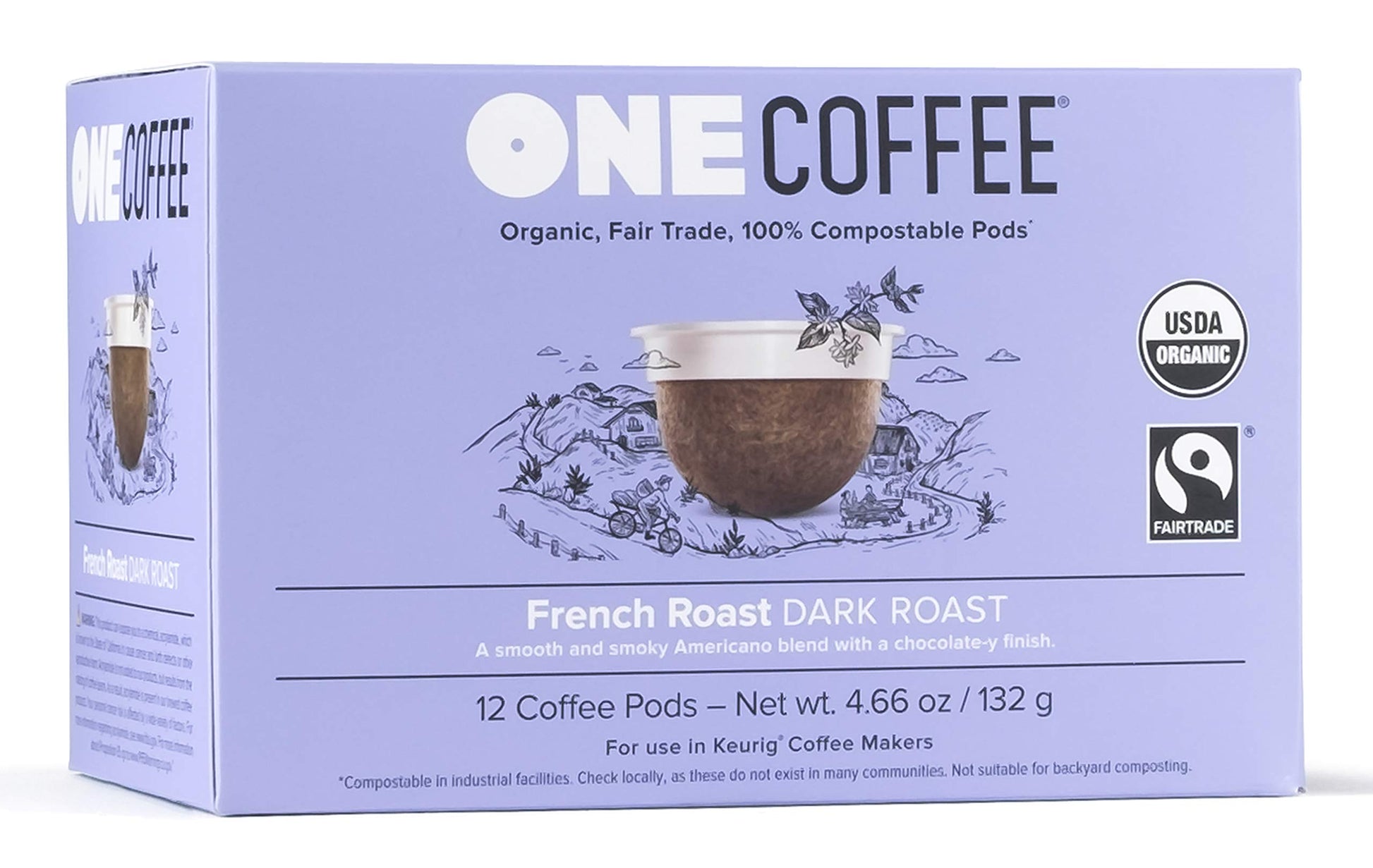 Onecoffee Organic French Roast 12 Count Single Serve Coffee 100% Compostable K Cup For Keurig Machines - Dark Roast