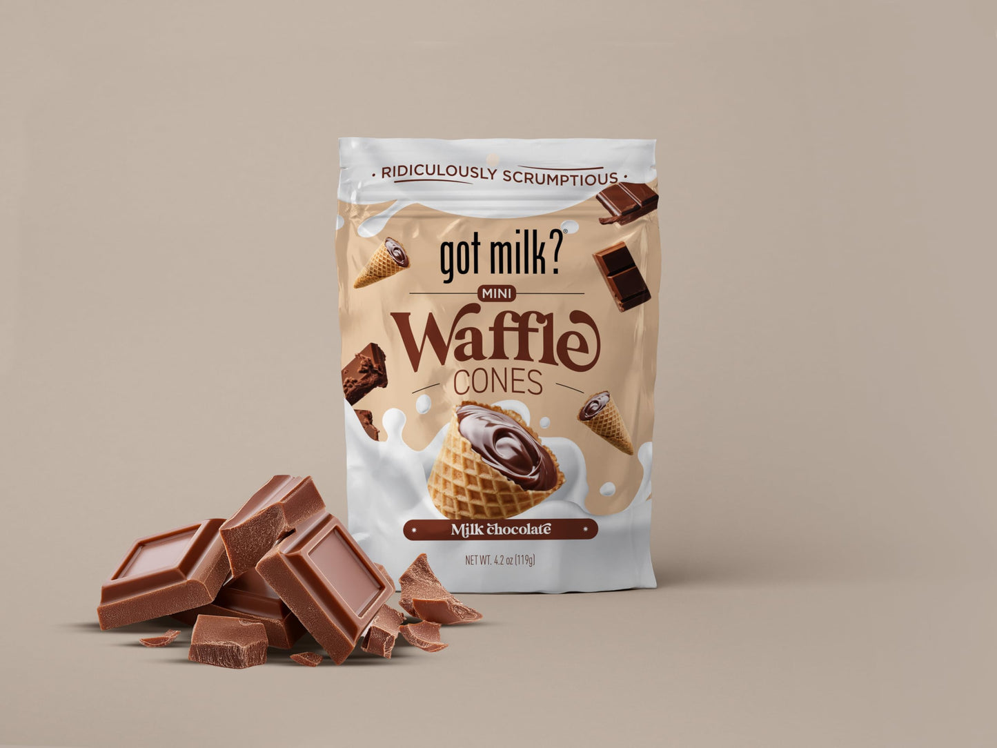 Got Milk Mini Waffle Cones, Milk Chocolate, 4.24 Oz. / 119G Resealable Bag, Delicious Milk Chocolate Filled Waffle Cone Bites,