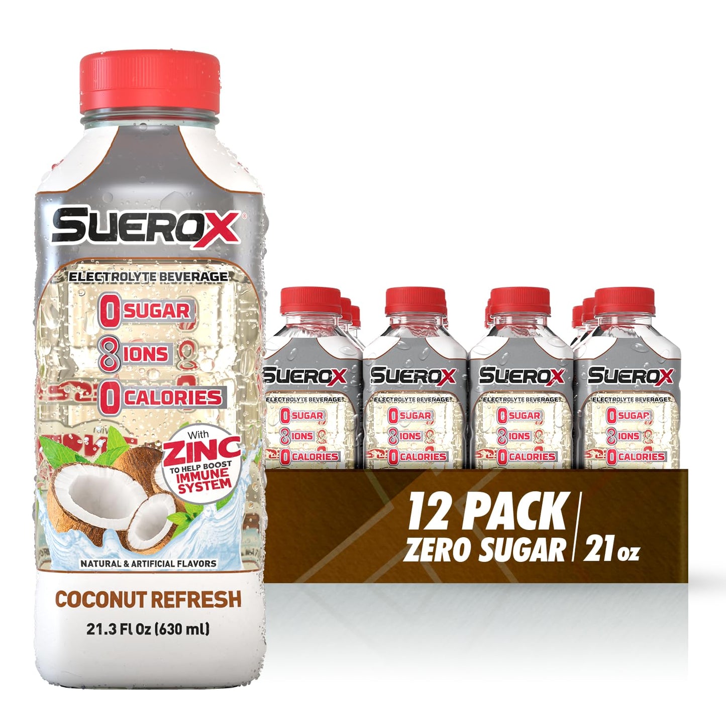 SueroX Electrolyte Drink, Zero Sugar, Coconut Flavor, 21.3 Fl Oz, Pack of 12