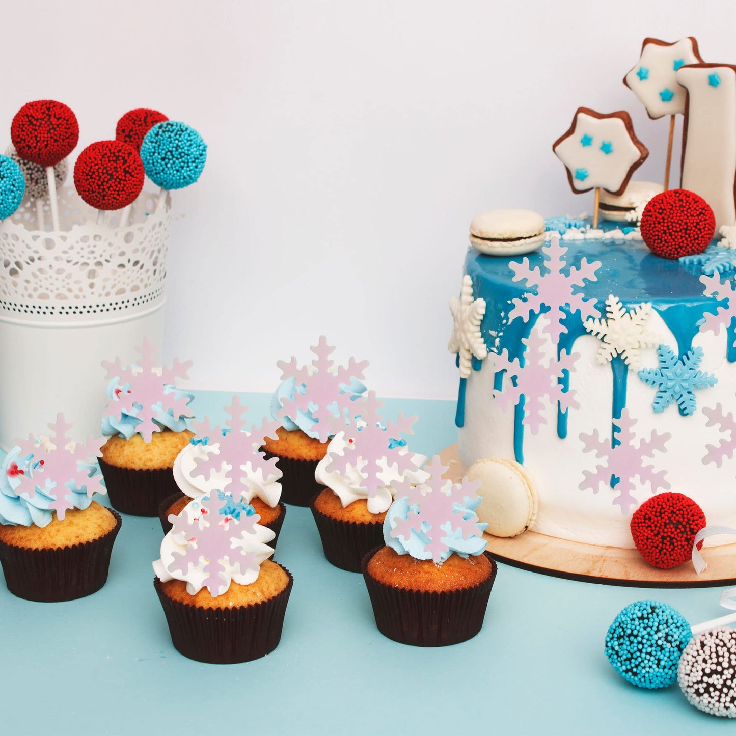Gyufise 50Pcs Pink Edible Cupcake Cake Toppers Snowflake Cake Decorations For Christmas Winter Frozen Theme Party Supply Decorat
