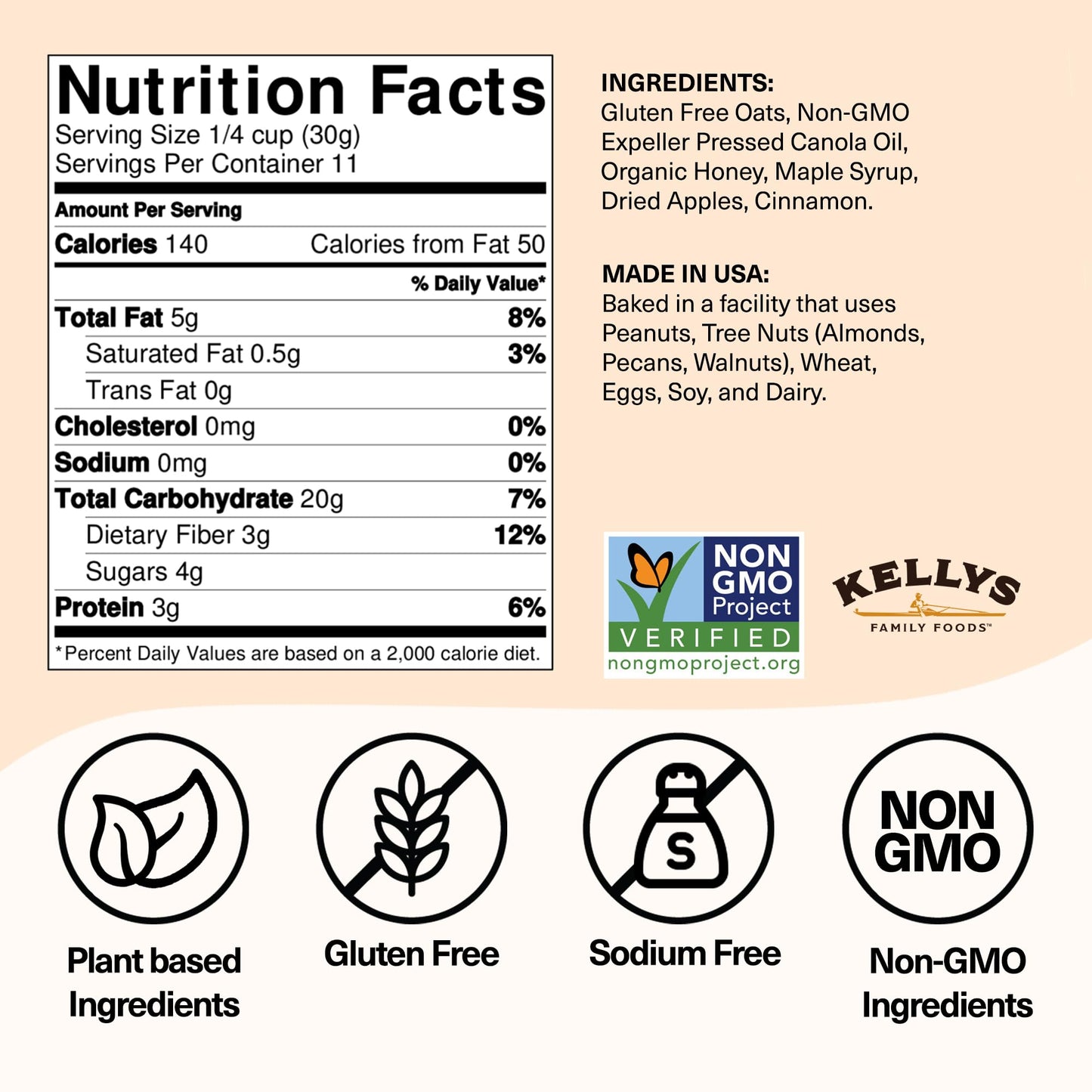 Kellys Four Plus Granola Apple Cinnamon - Non-GMO, Low Sugar, Gluten Free - 12oz