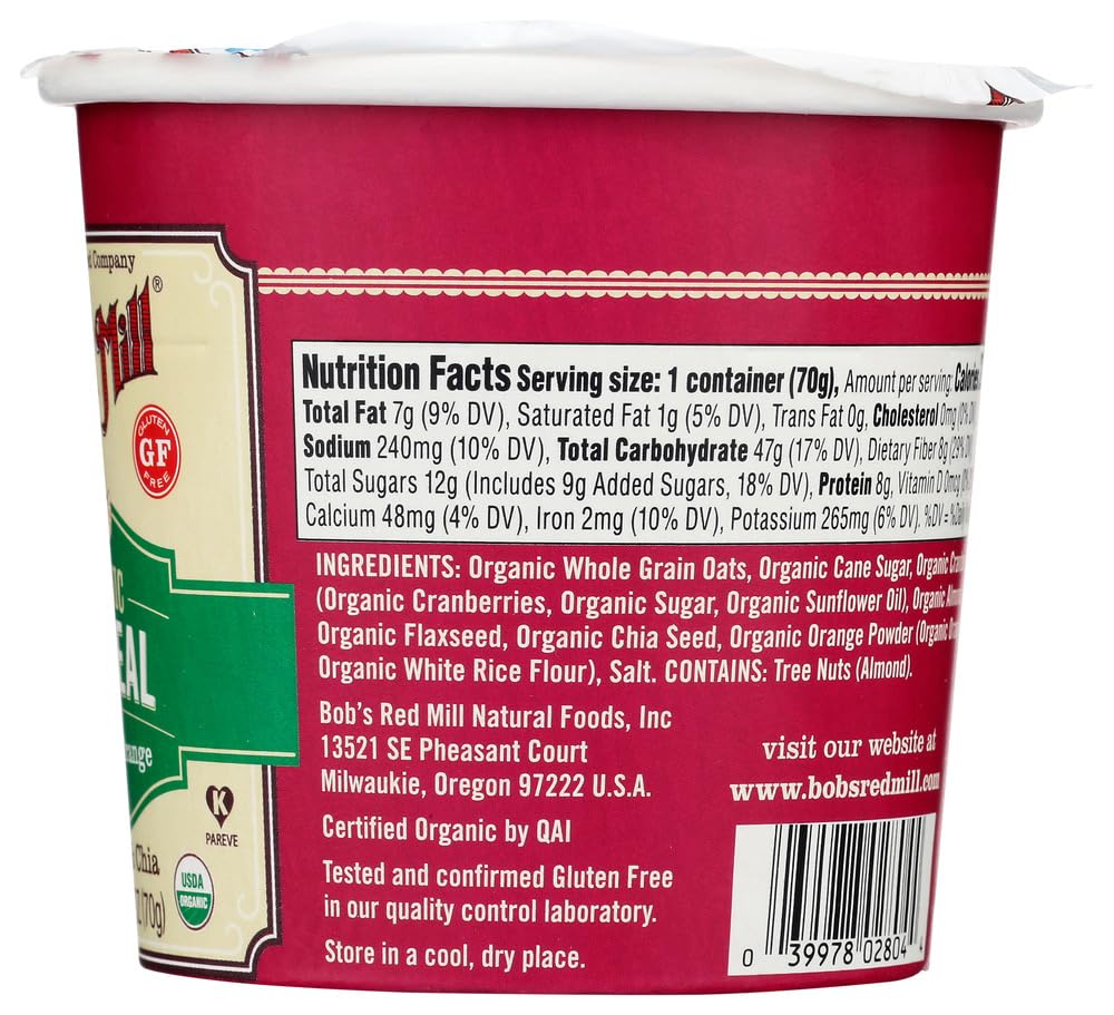 Bob 'S Red Mill Organic Gluten-Free Oatmeal Cup, Cranberry Orange, 2.47 Oz (Pack Of 1)