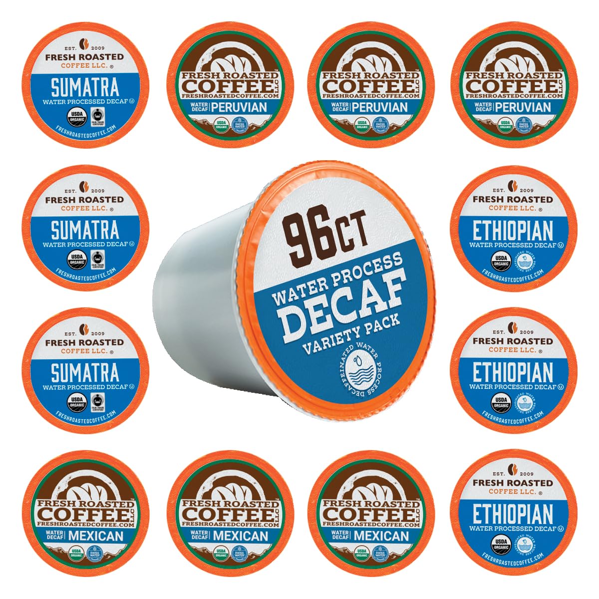Fresh Roasted Coffee Organic Decaf Variety Pack, K-Cup Compatible, 96 Pods