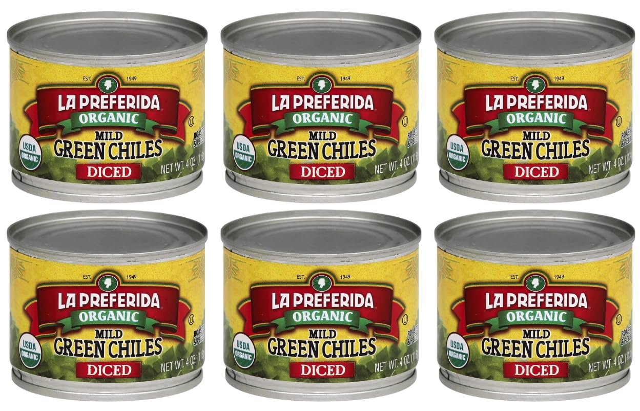 La Preferida Organic Diced Green Chile Peppers Fire-Roasted & Peeled Perfect for Tacos, Casseroles & Nachos, 4oz. (Pack of 6)