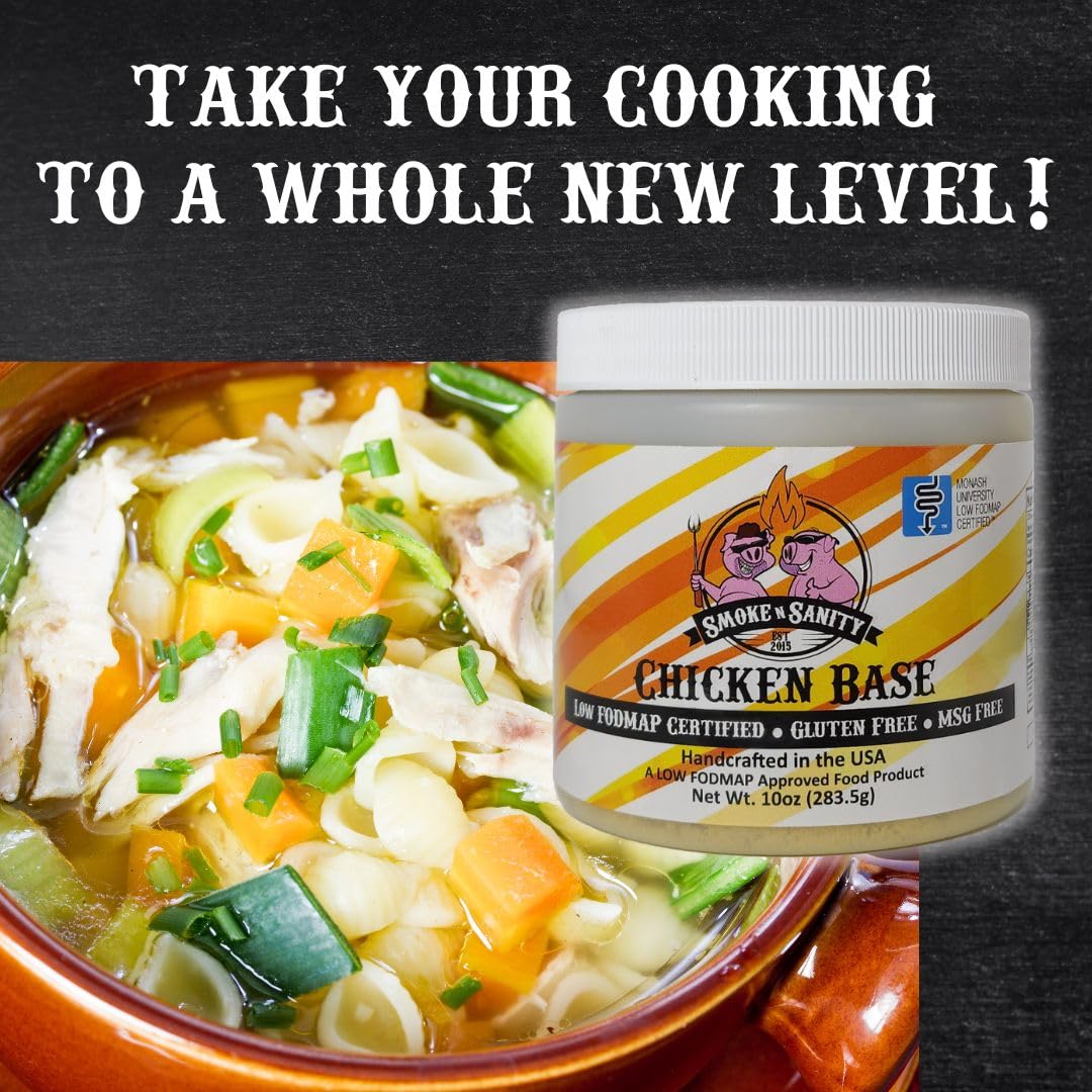 Smoke n Sanity Chicken Base - Certified Low FODMAP Seasoning - Gluten Free - Dairy Free Low FODMAP Chicken Broth (10.0 oz)