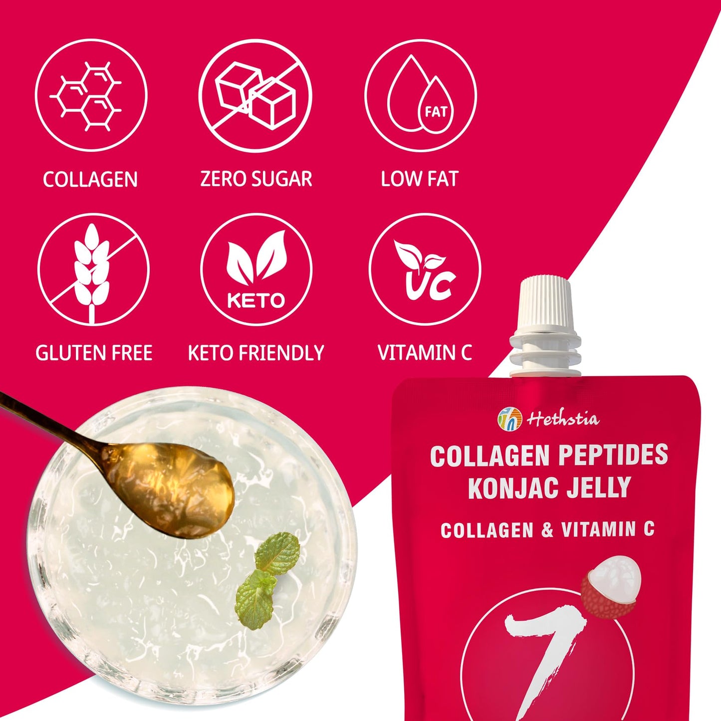 Hethstia Konjac Jelly Squeeze Pouch Lychee Flavor, 10 Packs, 7 Calories, Sugar Free, Gluten Free, Keto, Collagen Peptides, Vitam