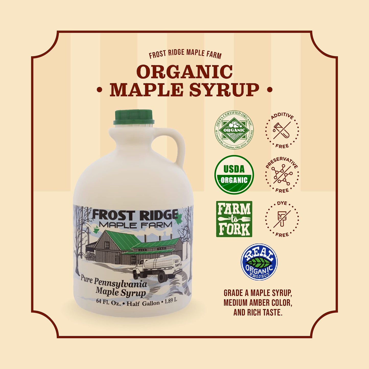 Frost Ridge Maple Farm, Organic Maple Syrup, Grade A, Half Gallon (64 Fl Oz), Medium Amber Rich