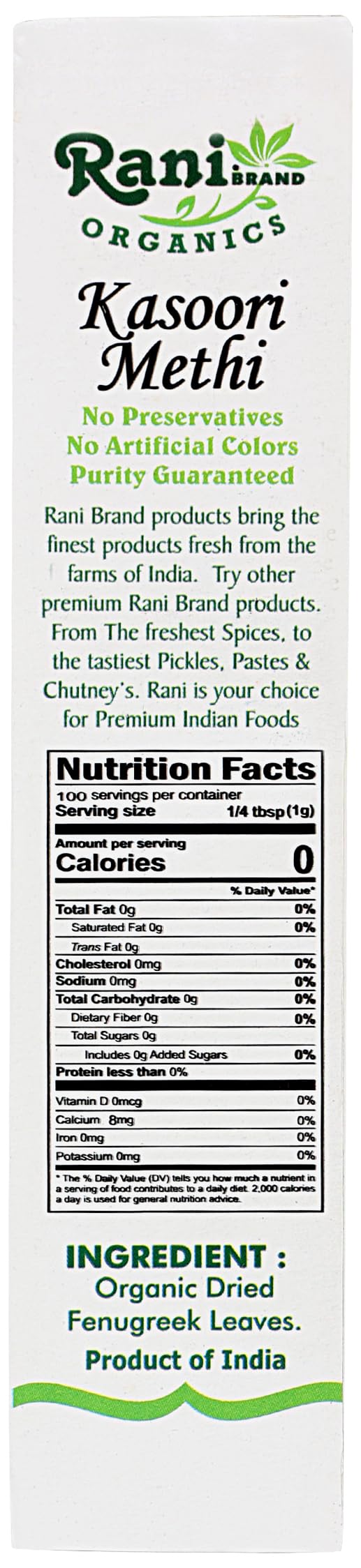 Rani Organic Fenugreek Leaves Dried (Kasoori Methi) 3.5Oz (100G) ~ All Natural | Vegan | Gluten Friendly | Non-Gmo | Indian Orig