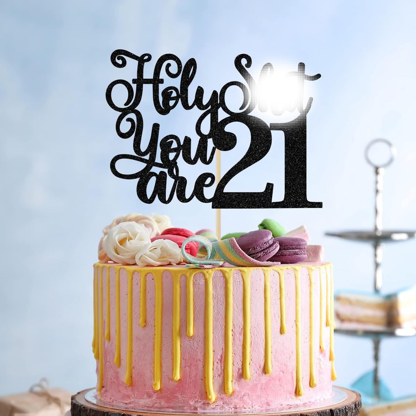 Jenrtvis 21st Birthday Cake Topper, Black Glitter Paper Decor for Him/Her