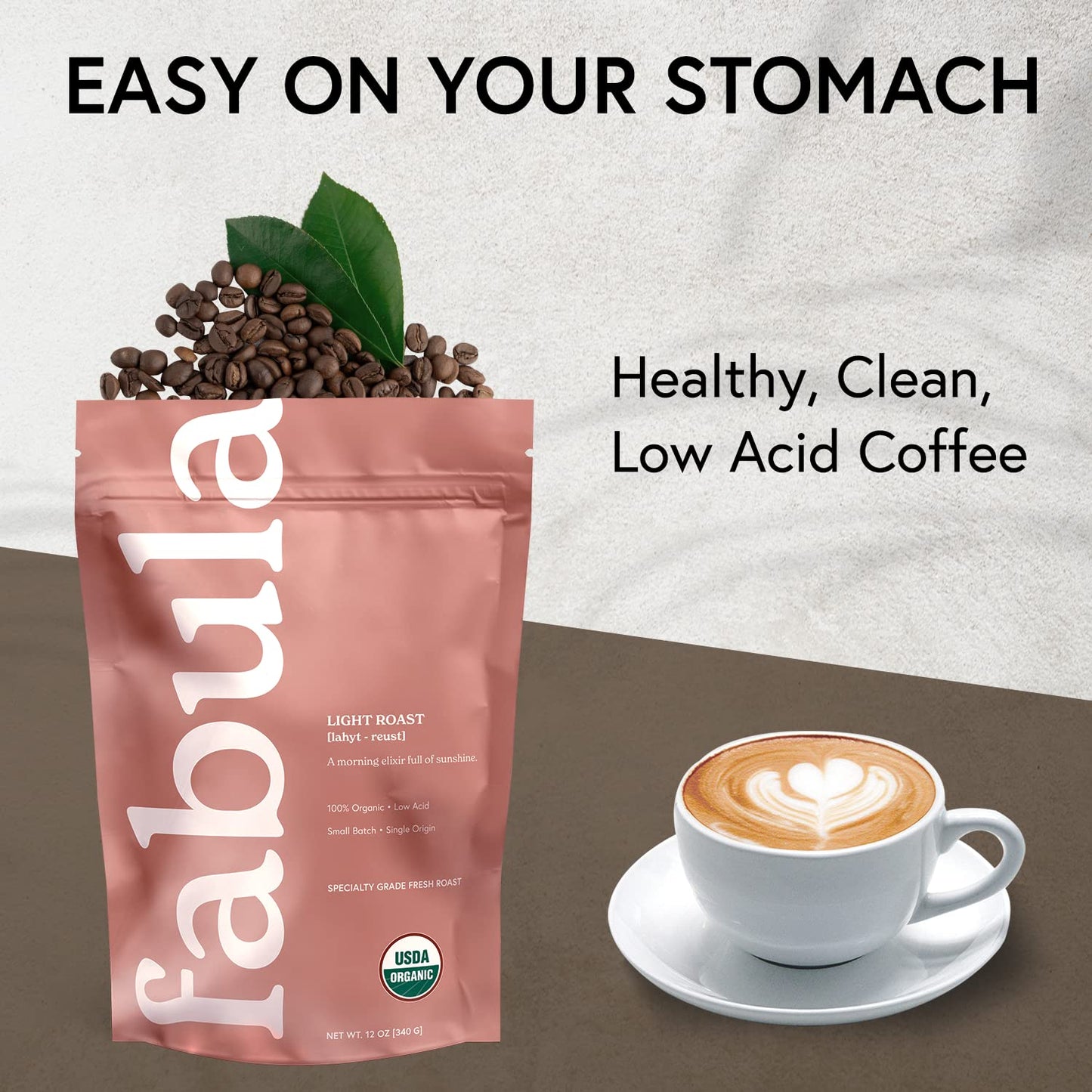Fabula Coffee Light Roast Whole Beans - Organic, Low Acid, Non-GMO, Mold Free - 12 Ounces