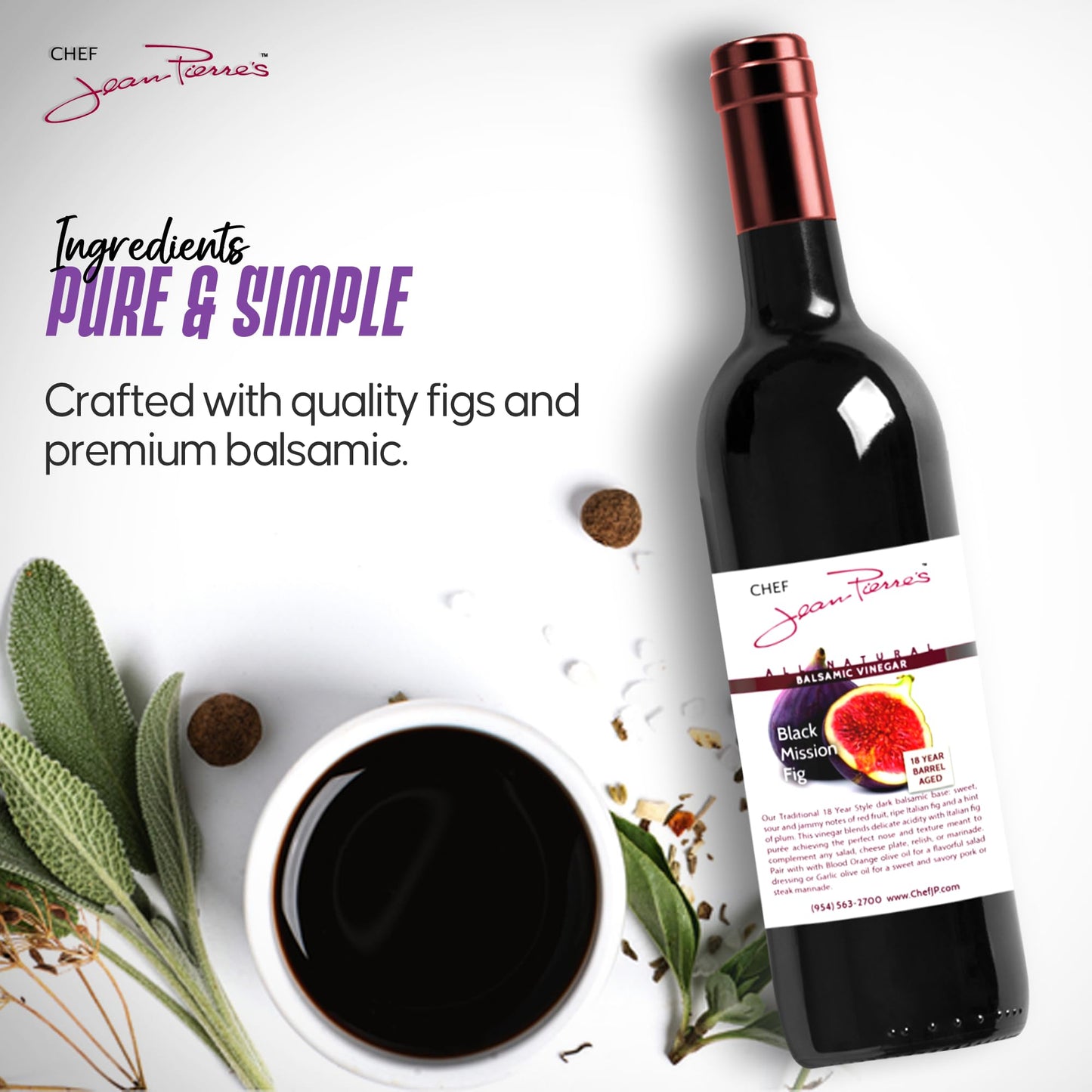 Chef Jean Pierres Balsamic Vinegar - Rich Black Mission Fig Flavor, 750ml (25oz), 18-Year Barrel Aged
