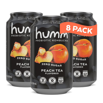 Humm Probiotic Kombucha Zero Sugar Peach Tea, No Refrigeration Needed, Keto Friendly, Organic, Vegan, Gluten Free, 12oz Cans (8 
