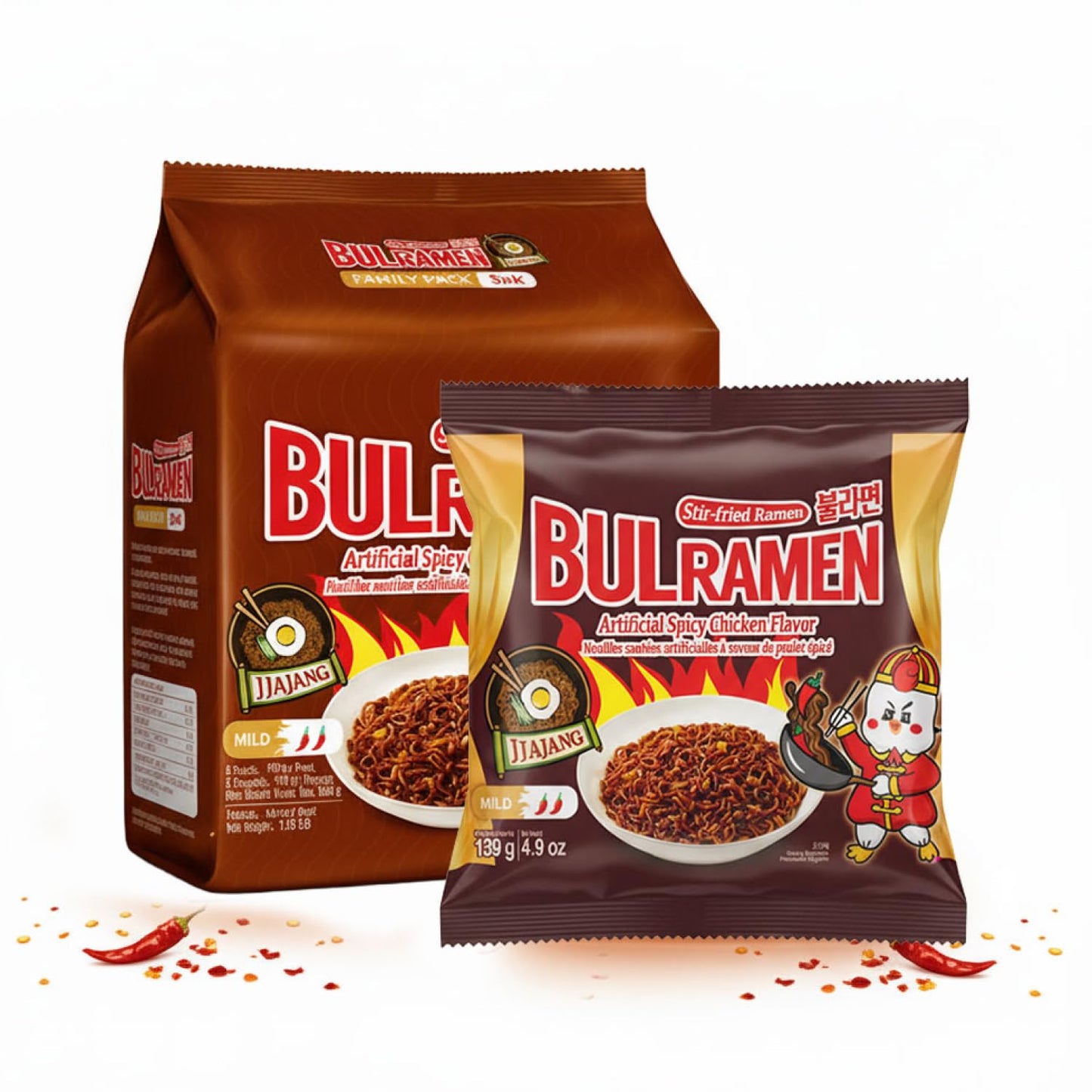 Korean Food Bulramen Stir-Fried Ramen Jjajang, Artificial Spicy Chicken Flavor, 5 Packs (4.9 oz Each), Korean Black Bean Instant