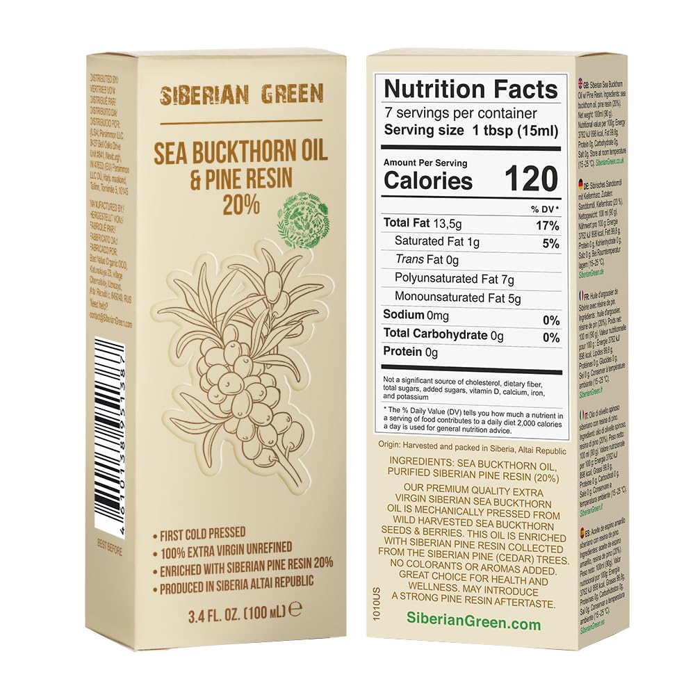 Siberian Sea Buckthorn Oil With Pine Cedar Resin Pure Natural 100% Extra Virgin Cold Pressed 100 Ml / 3.4 Fl Oz