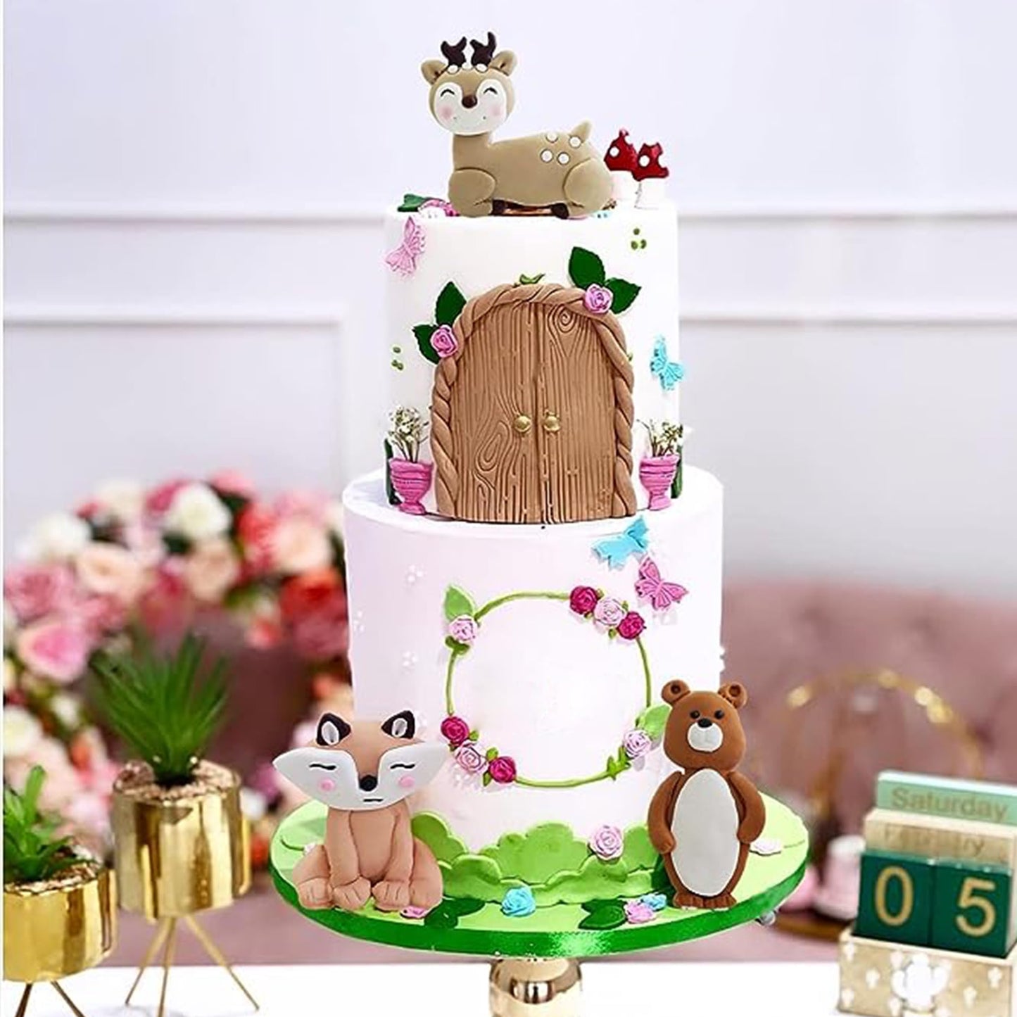Forest Woodland Animal Cake Toppers Fox Bear Deer Flower Cake Decorations For Oh Baby Woodland Themed Birthday Party (Leaves)
