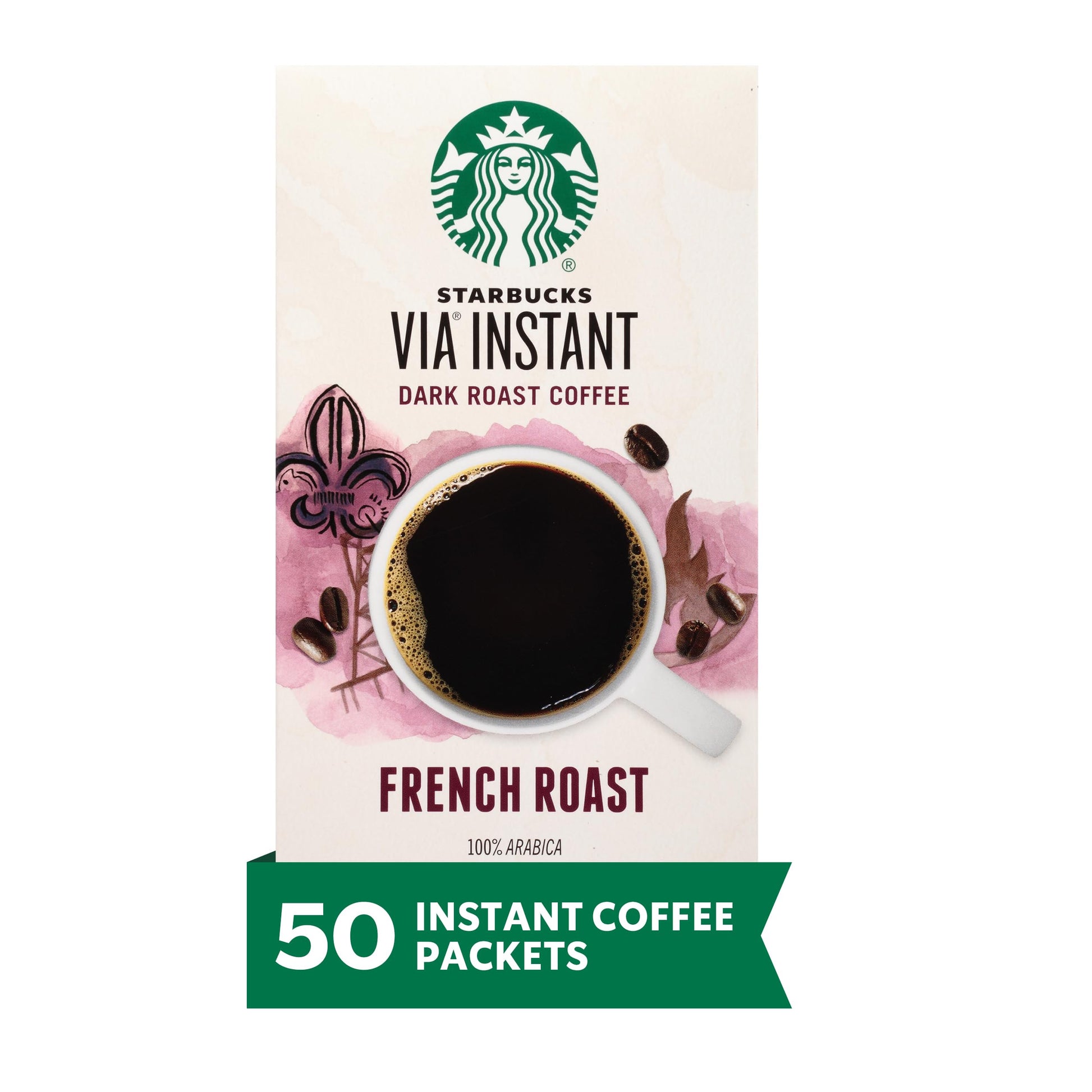 Starbucks Via Instant Coffee, Dark Roast Coffee, French Roast, 100% Arabica, 1 Box (50 Packets)