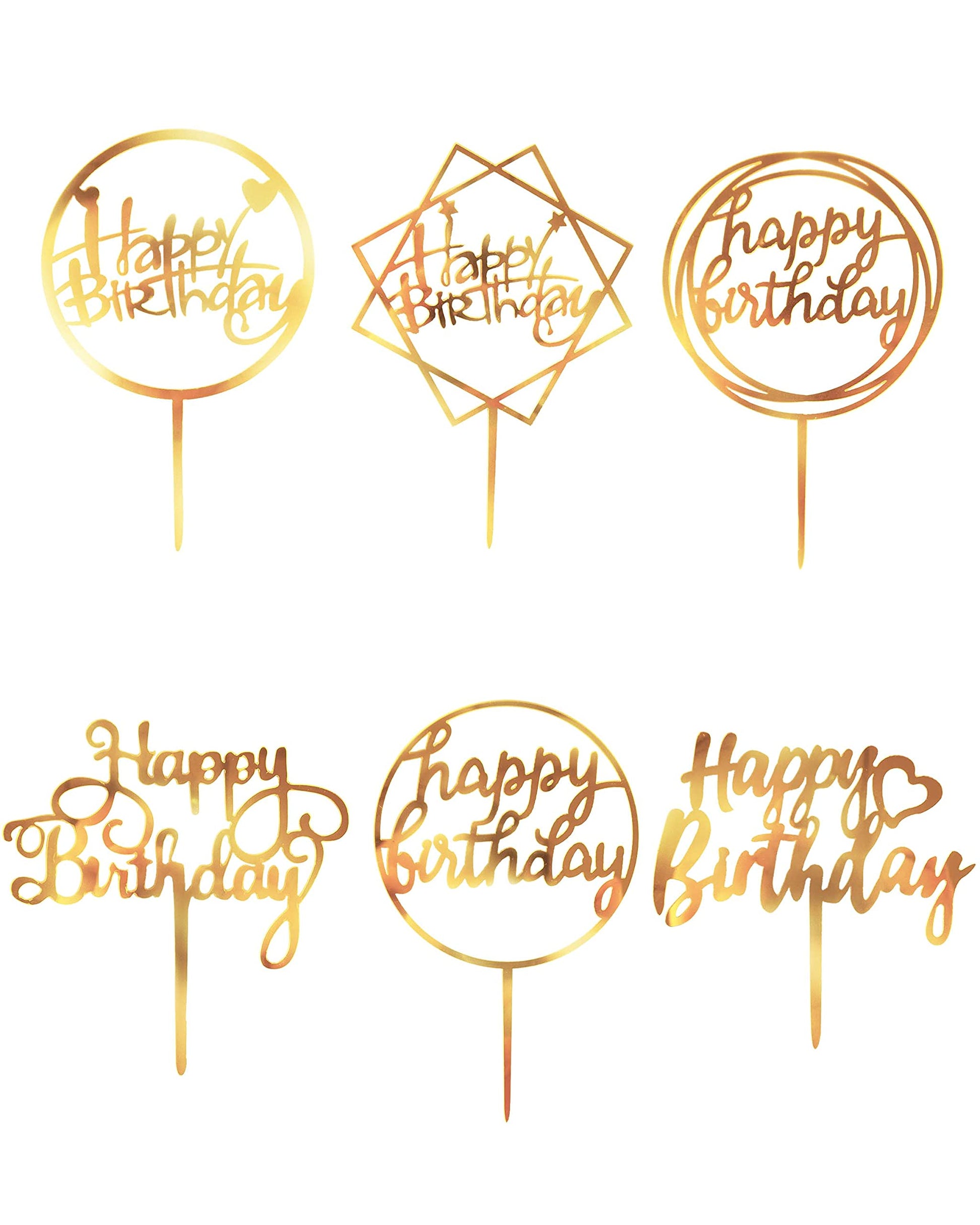 Happy Birthday Cake Toppers Gold, 18 Pcs Gold Happy Birthday Cake Topper, Acrylic Cake Decoration, Double-Sided Glitter Of Birth