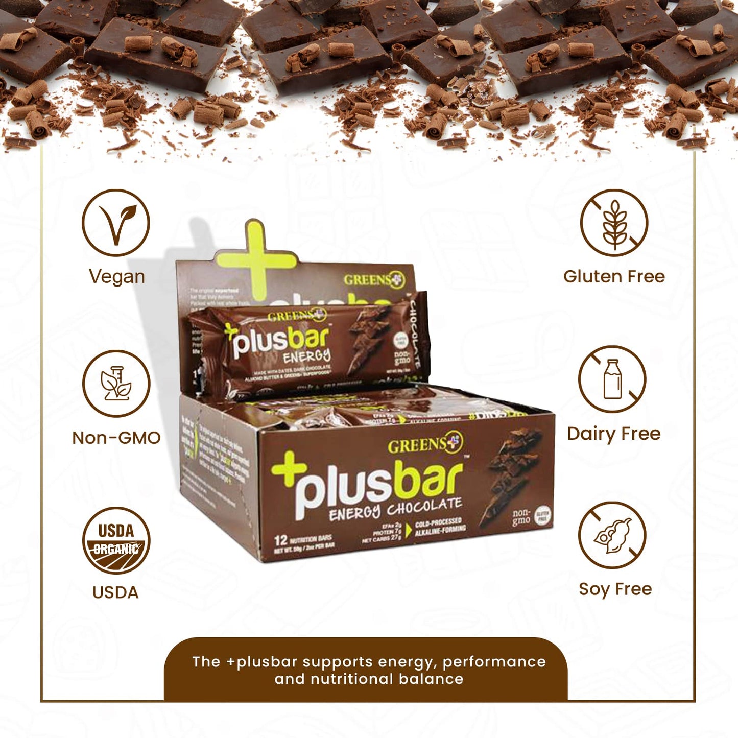 Greens+ Plusbar Energy Bars, Chocolate, Gluten Free Healthy Snacks with Organic Super Greens, Superfoods & Dark Chocolate, Vegan