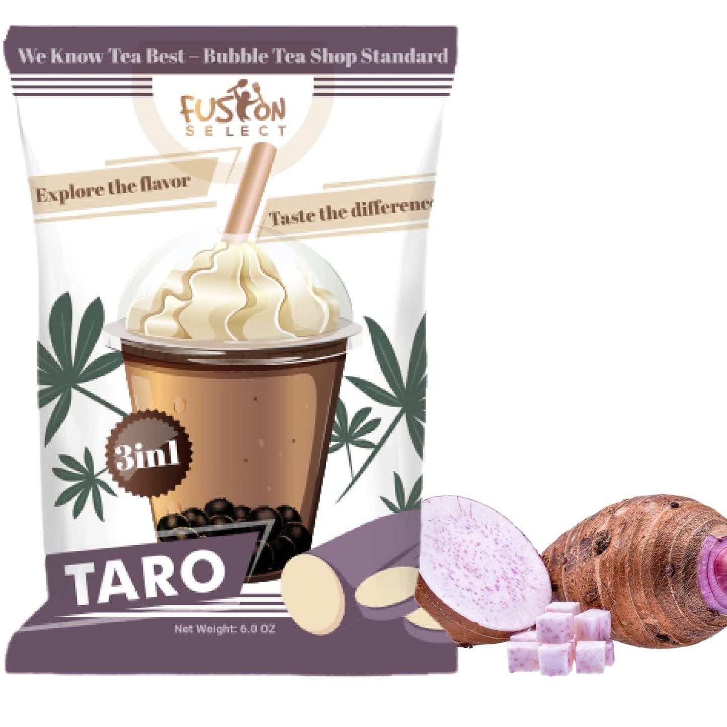 Fusion Select Taro Bubble Tea Mix - Boba Tea Powder Flavored 3-in-1 Drink Powder with Cream & Sugar - Instant Pre-Mixed Beverage