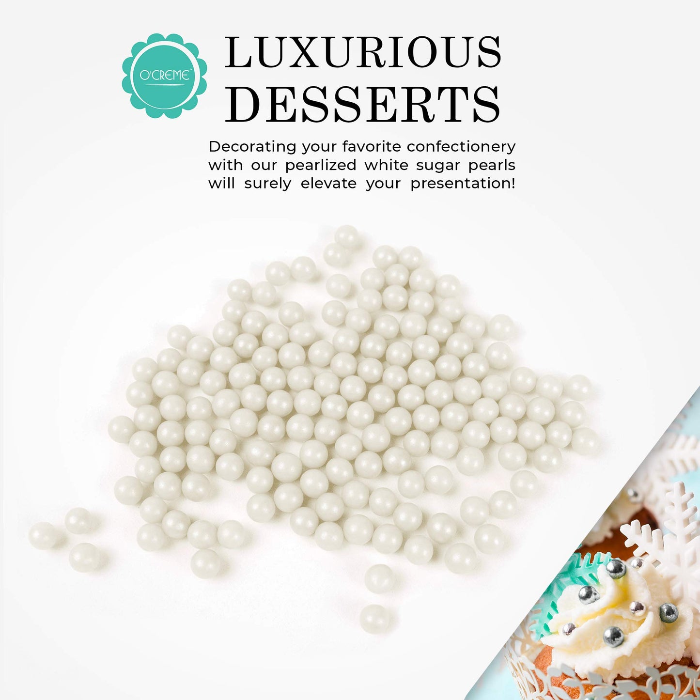 OCREME White Edible Sugar Pearls for Cake Decorating, 12mm, 8 Oz