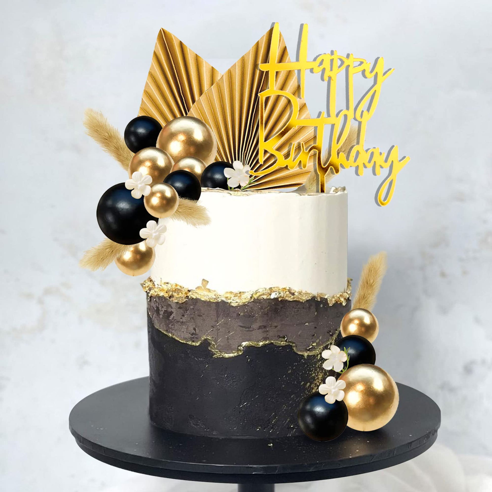 29 Pcs Flower Boho Cake Topper Balls Cake Decorations With Black And Golden Balls Palm Leaves Artificial Plants For Wedding Baby