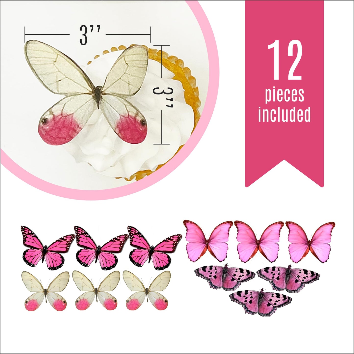 Sugar Robot Inc. Edible Butterflies Cake Toppers, Large Size 3 inches, Pink