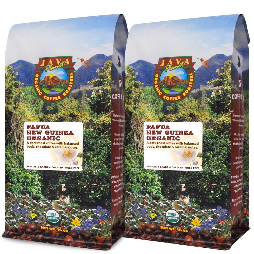 Low Acid Organic Coffee – Whole Bean, Mold-Free & Stomach Friendly By Java  T, Papua New Guinea Single Origin Coffee, Dark Roast, Smooth Full Flavored, 2X1Lb Bag