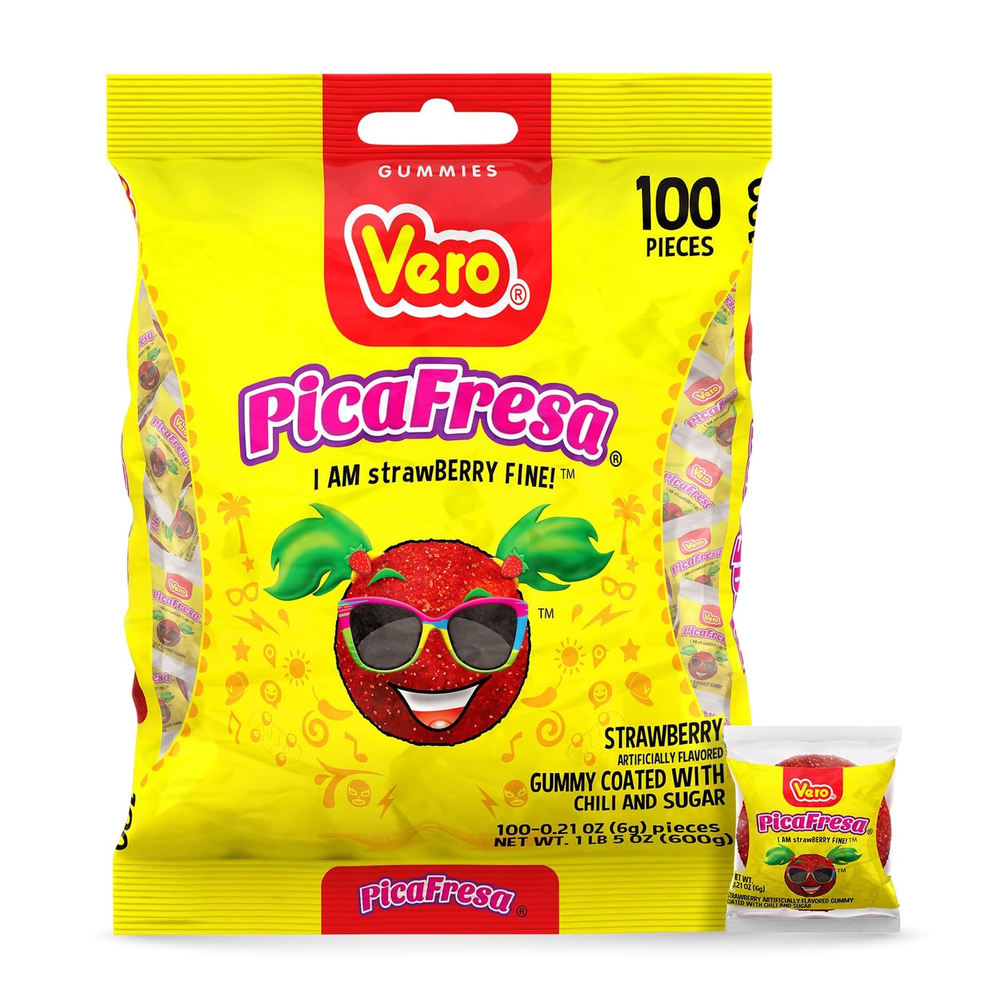 Vero Pica fresa - Strawberry Flavored Chewy Gummy Candy  - 100 Piece (Pack of 1)- (1 Lb  5.15 Ounces Each) - Individually Wrapped Mexican Candy Perfect for Piatas  Halloween  and More