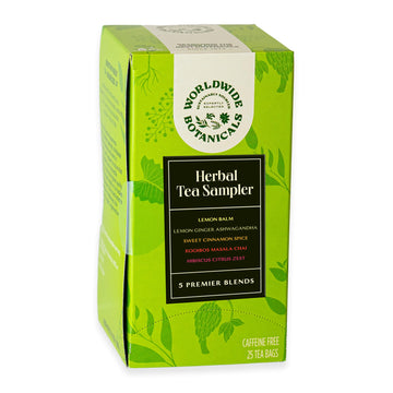 Worldwide Botanicals Herbal Tea Sampler, 5 Teas Variety Pack- Lemon Balm, Lemon Ginger Ashwagandha, Hibiscus Citrus Zest, Sweet 