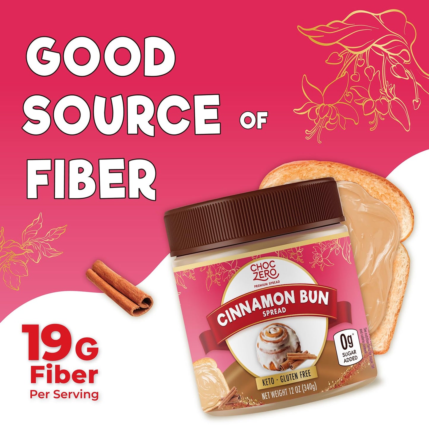 Choczero Cinnamon Bun Spread, No Added Sugar, Perfect For Breakfast And Desserts, All Natural And Creamy (1 Jar, 12 Oz)