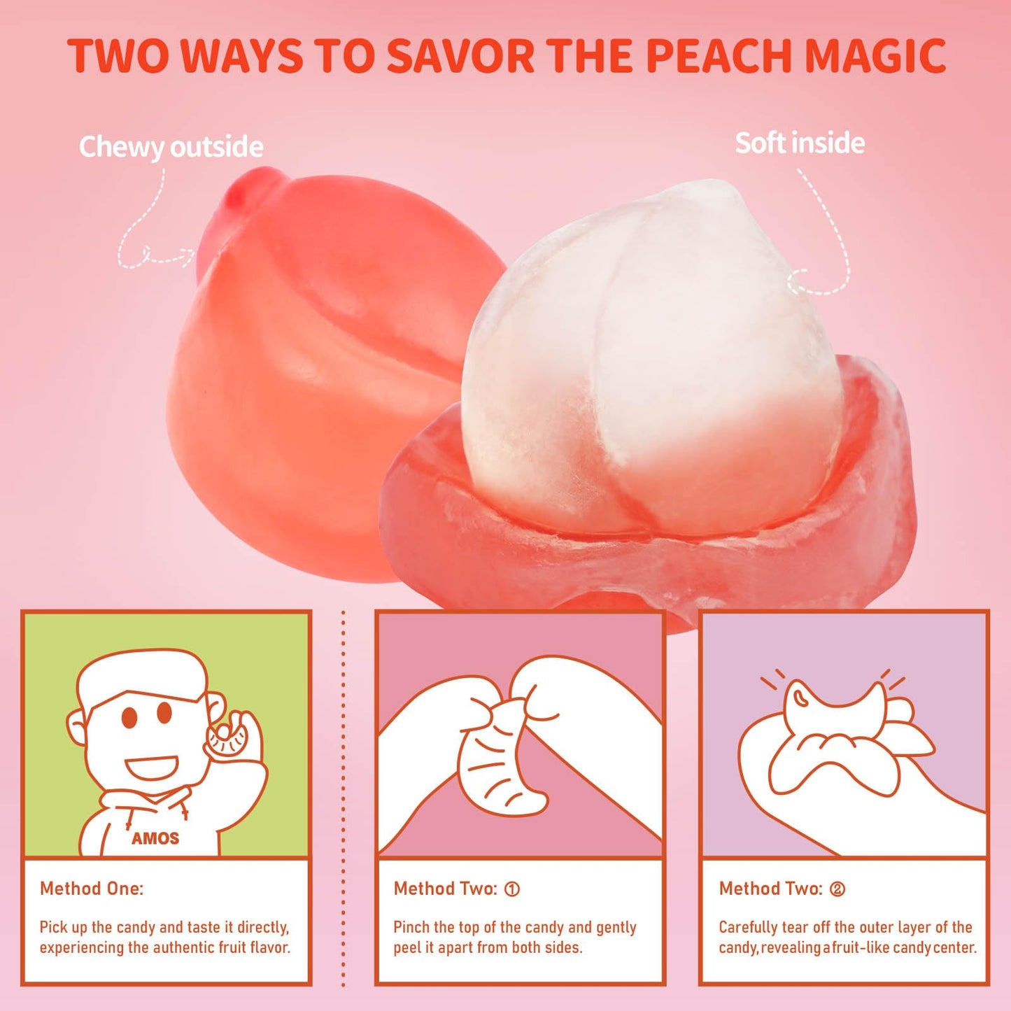 Amos Gummy Peach Candy, Peelable Fruit-Shaped Snack, 8.47oz Box with 10 Packs