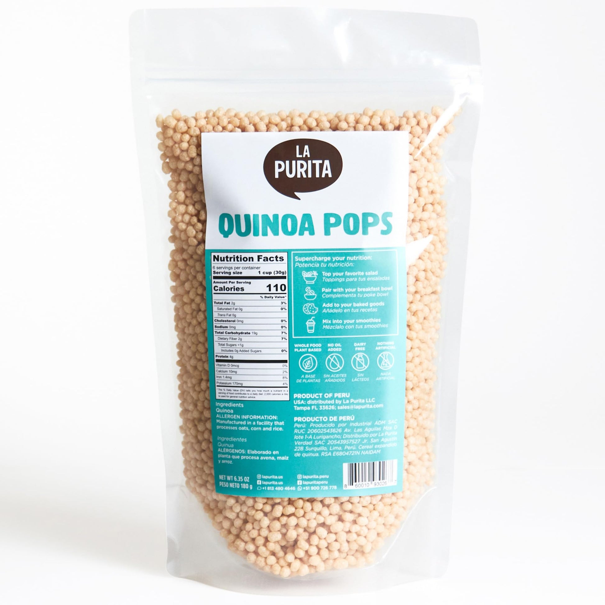 La Purita Puffed Quinoa Pops - Healthy Protein Cereal  Gluten-Free  Sugar-Free  Vegan Superfood  6.35 oz (Pack of 1)  Unflavored