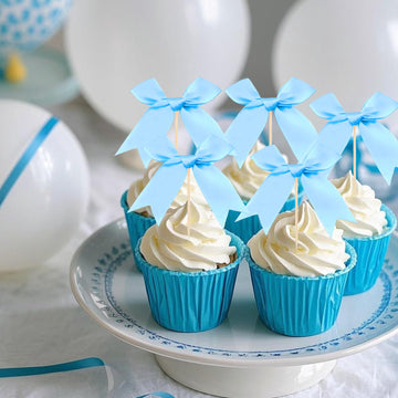 24 Pack Bow Cupcake Toppers, Blue Bow Coquette Birthday Decorations Valentine 's Bowknot Ribbons for Bridal Shower Party Supplie