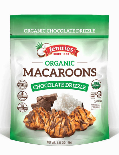 Jennies Organic Chocolate Drizzle Coconut Macaroons, 5.25oz | Dairy Free | Gluten Free | Peanut Free | Individually Wrapped