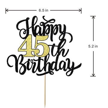 Leetaivie Happy 45Th Birthday Cake Topper, Black Gold Glitter Birthday Cake Topper, 45Th Anniversary/ 45Th Birthday Party Decora