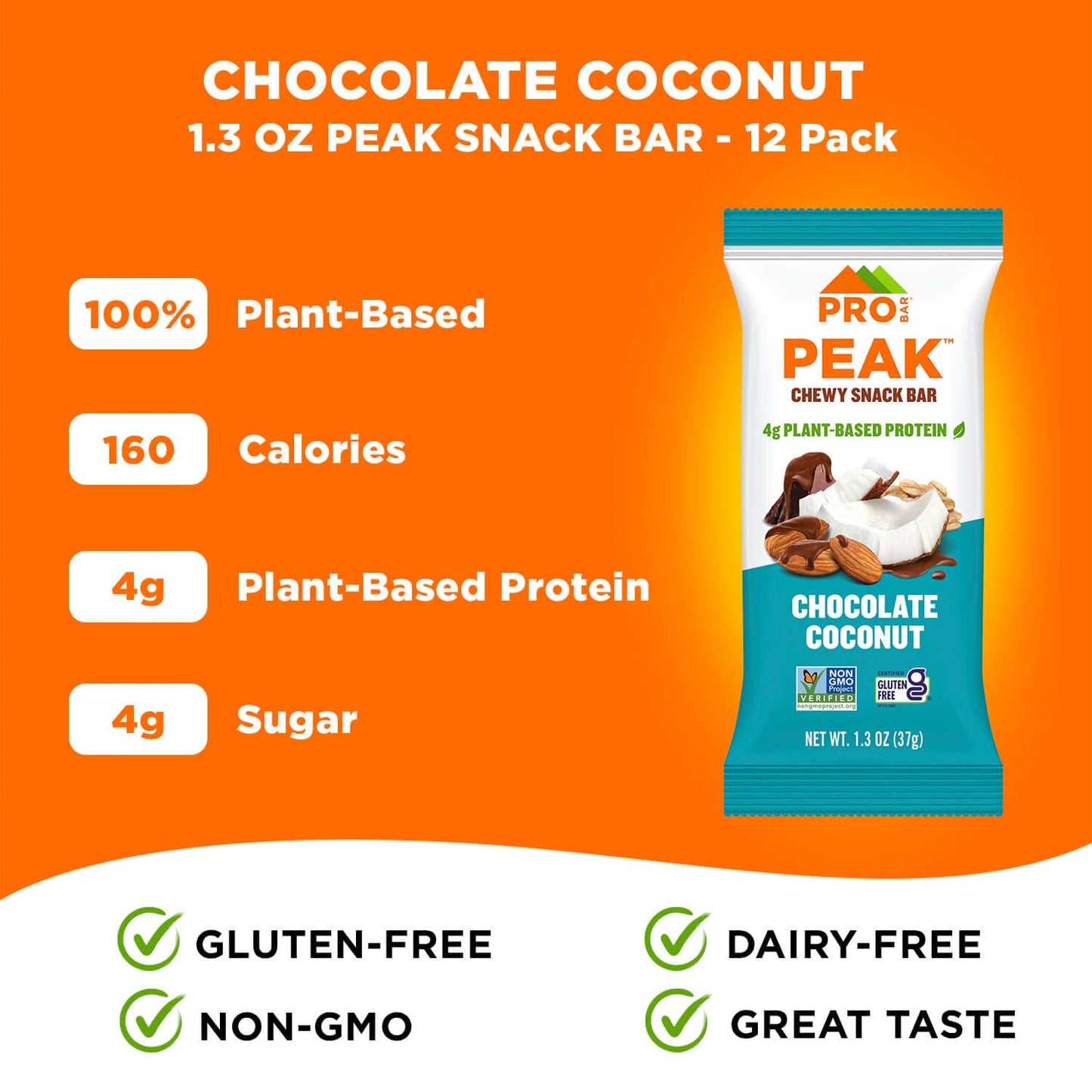 Probar - Peak Bar, Chocolate Coconut Snack Bars, 4G Protein, Non-Gmo, Gluten-Free (Pack Of 12)