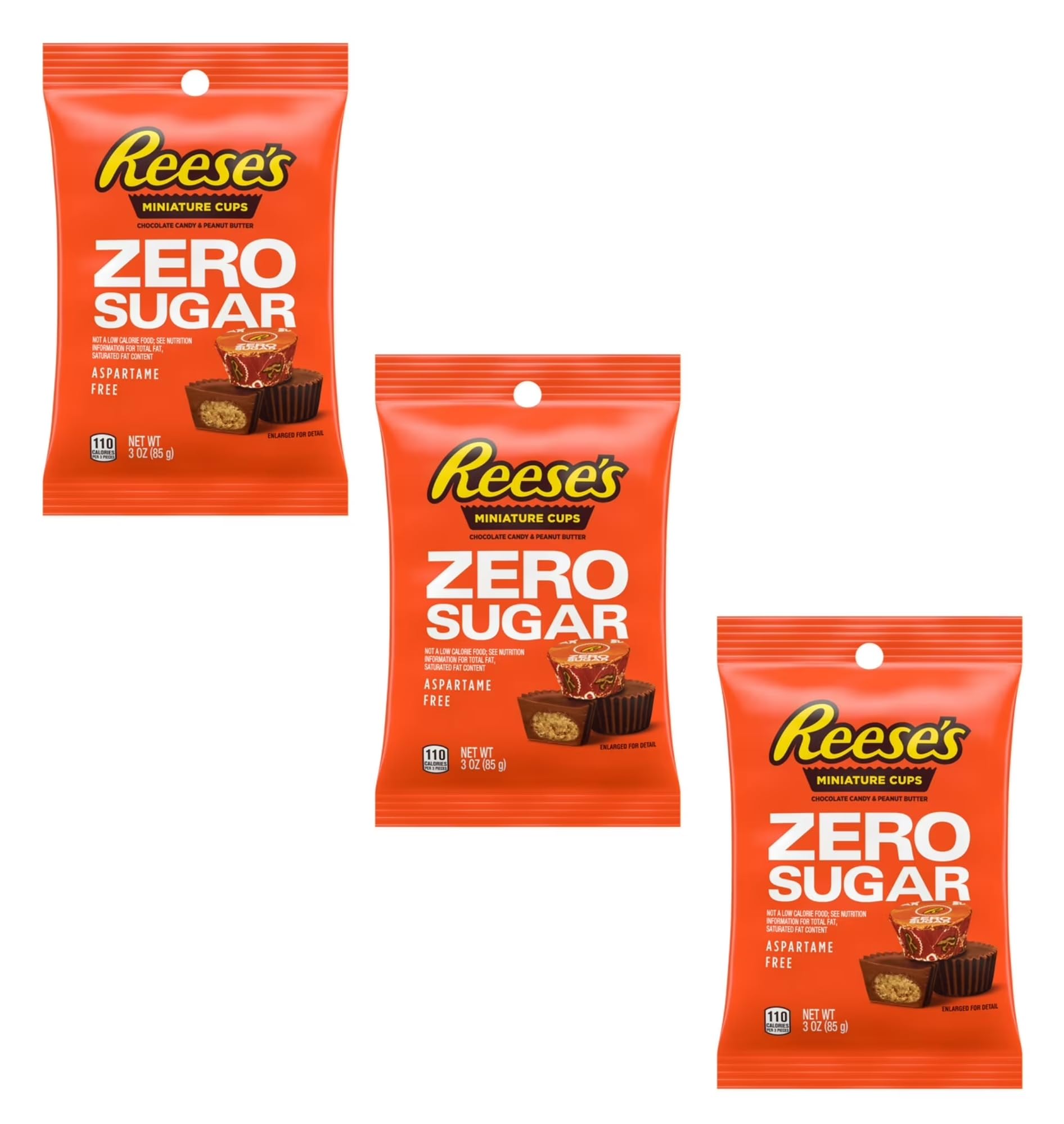 Reeses Zero Sugar Miniature Cups - Chocolate Candy & Peanut Butter - Pack of 3 - Full Size Treats