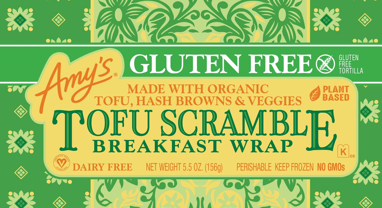 Amys Frozen Meals, Vegan Tofu Scramble Breakfast Wrap, Made With Organic Tofu, Hash Browns and Veggies, Gluten Free Microwave M