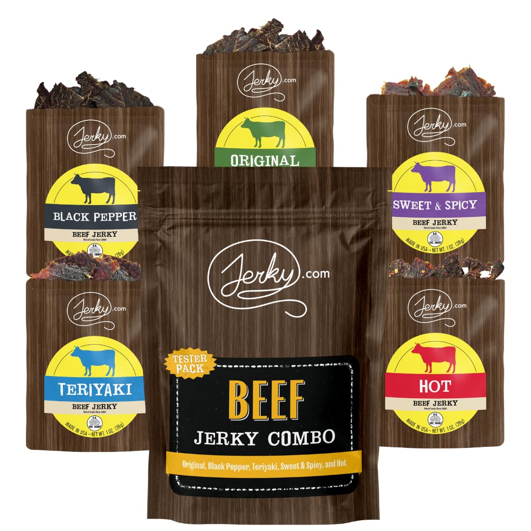 Jerky.com Beef Jerky Variety Sampler Pack Original, Black Pepper, Teriyaki, Sweet & Spicy, Hot - Flavorful Meat Snack - Made wit