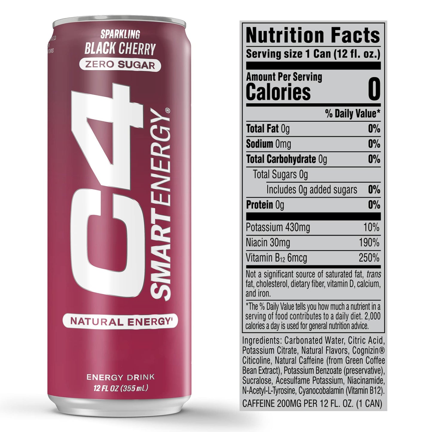 Cellucor C4 Smart Energy Drink - Sugar Free, Brain Booster - Black Cherry, 12 Fl Oz (Pack of 12)