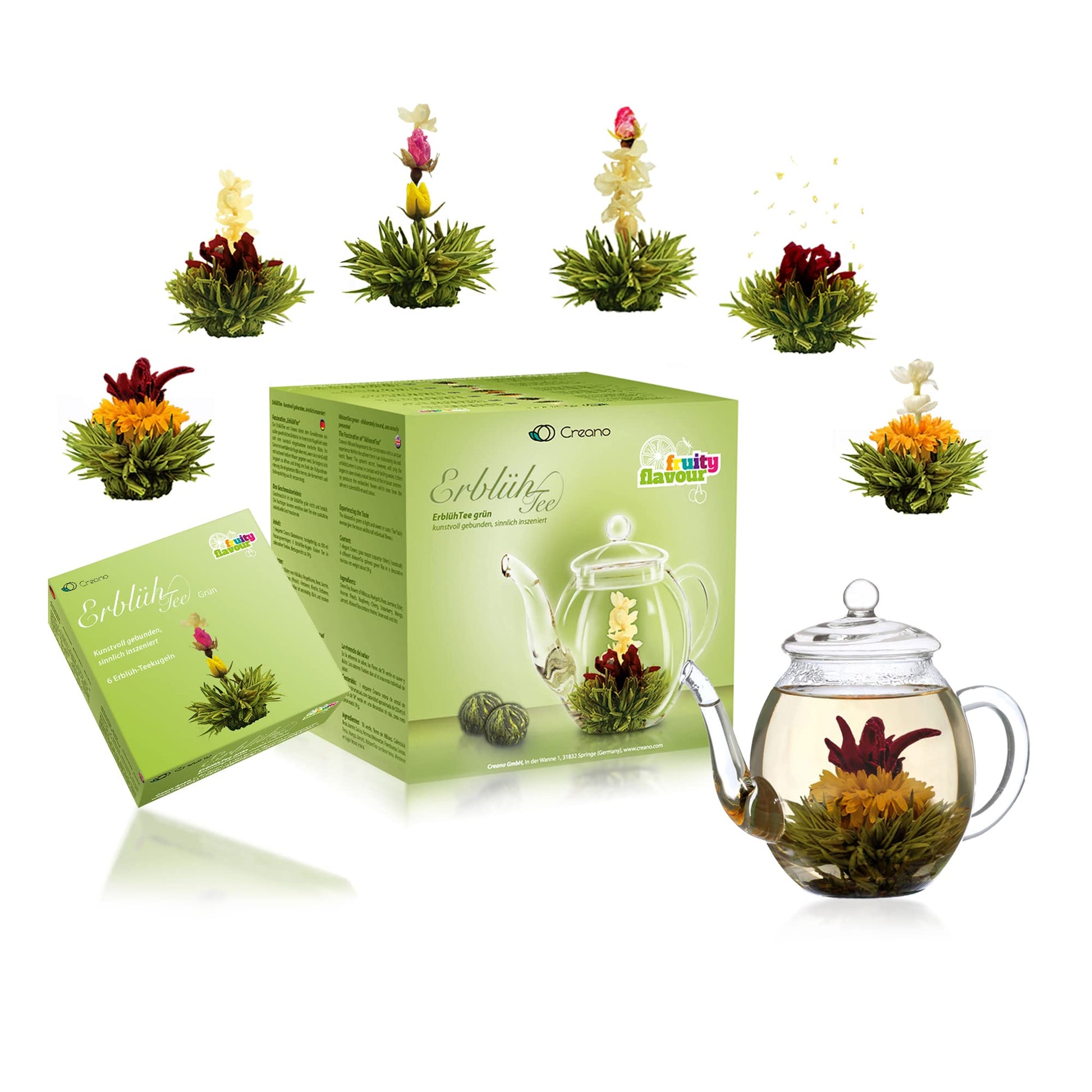 Creano Blooming Tea Gift Set with Glass Teapot 17oz (500ml) - Green Tea Fruity Flavoured Tea Flowers in 6 Varieties - Flowering 